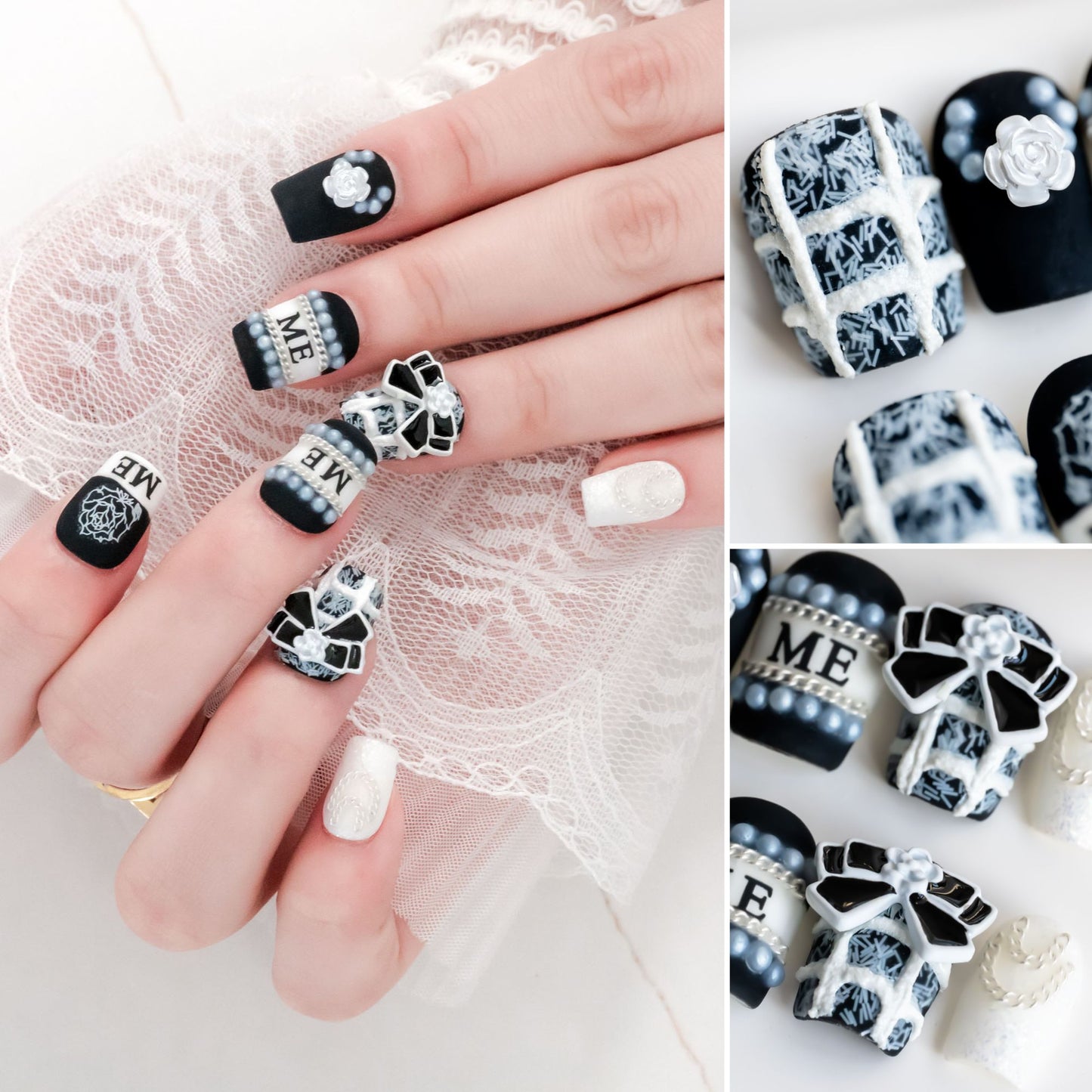 Handmade Press-on Nails Short Square Black White Tweed Flower 3D Design 10Pcs HM048