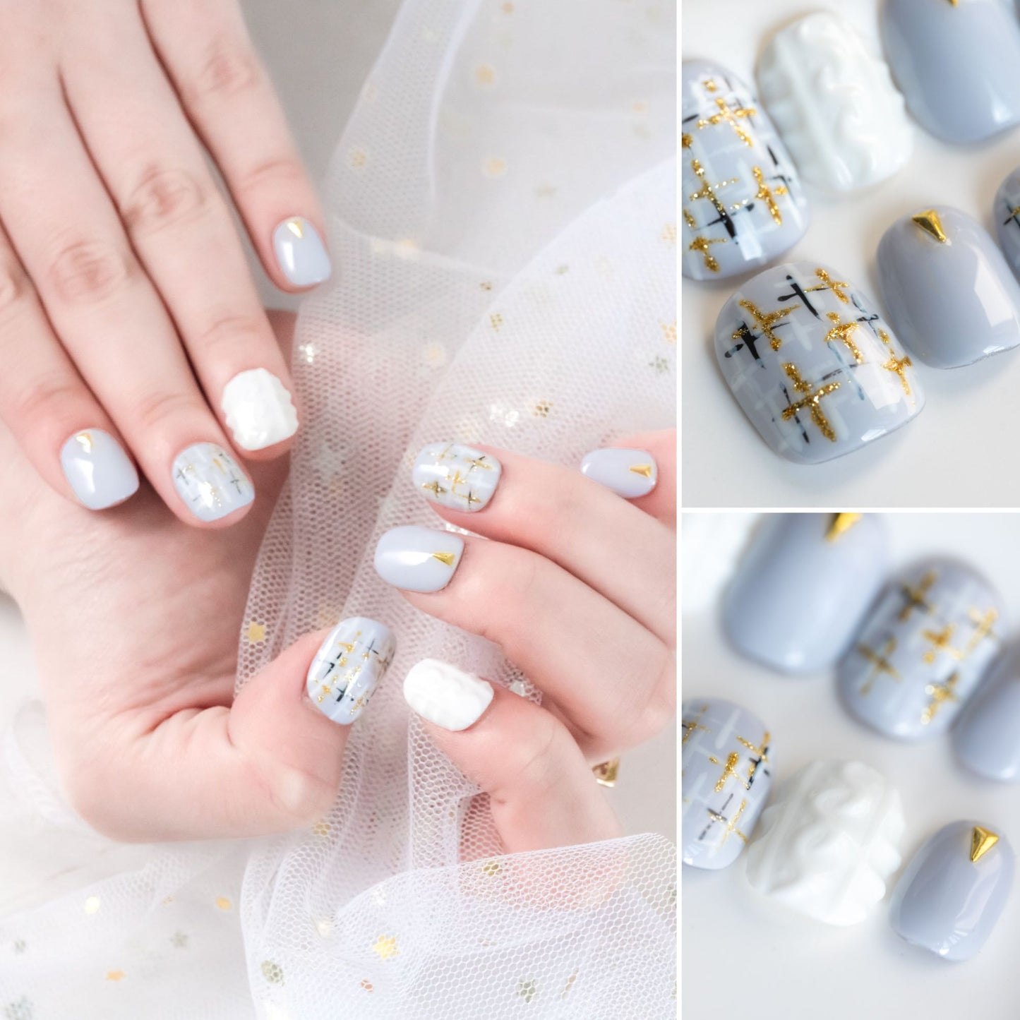 Handmade Press-on Nails Short Squoval Round Blue White Tweed Design 10Pcs HM046