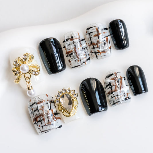 Handmade Press-on Nails Short Square Black White Tweed Design 10Pcs HM047