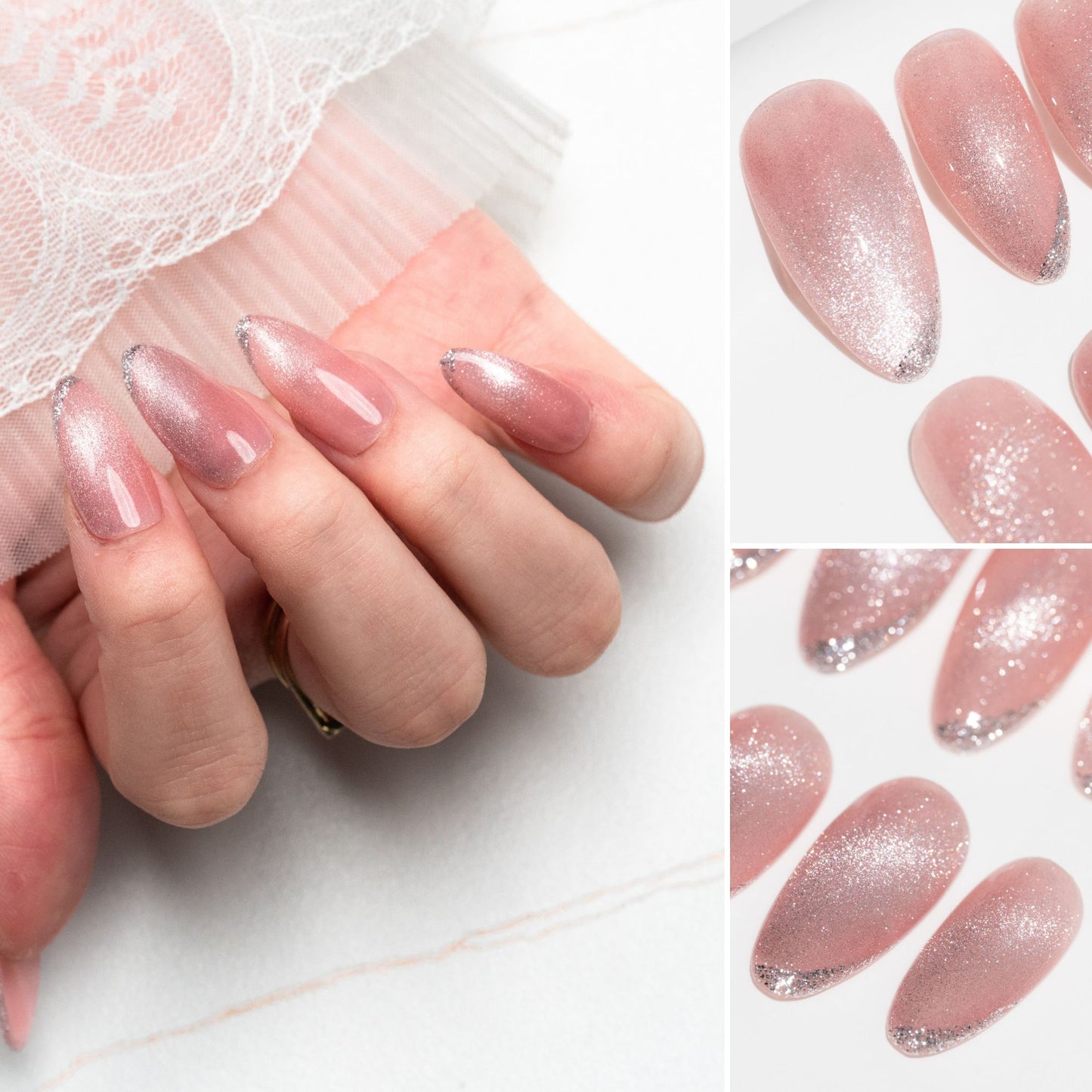 Handmade Press-on Nails Medium Long Almond Pink Sliver Cat Eys Design 10Pcs HM053