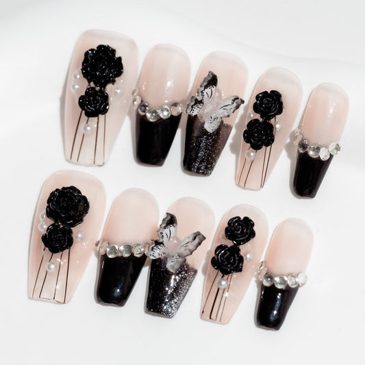 Handmade Press-on Nails Medium Long Coffin Ballerina Black Flower Rhinestone Design 10 Pcs HM069