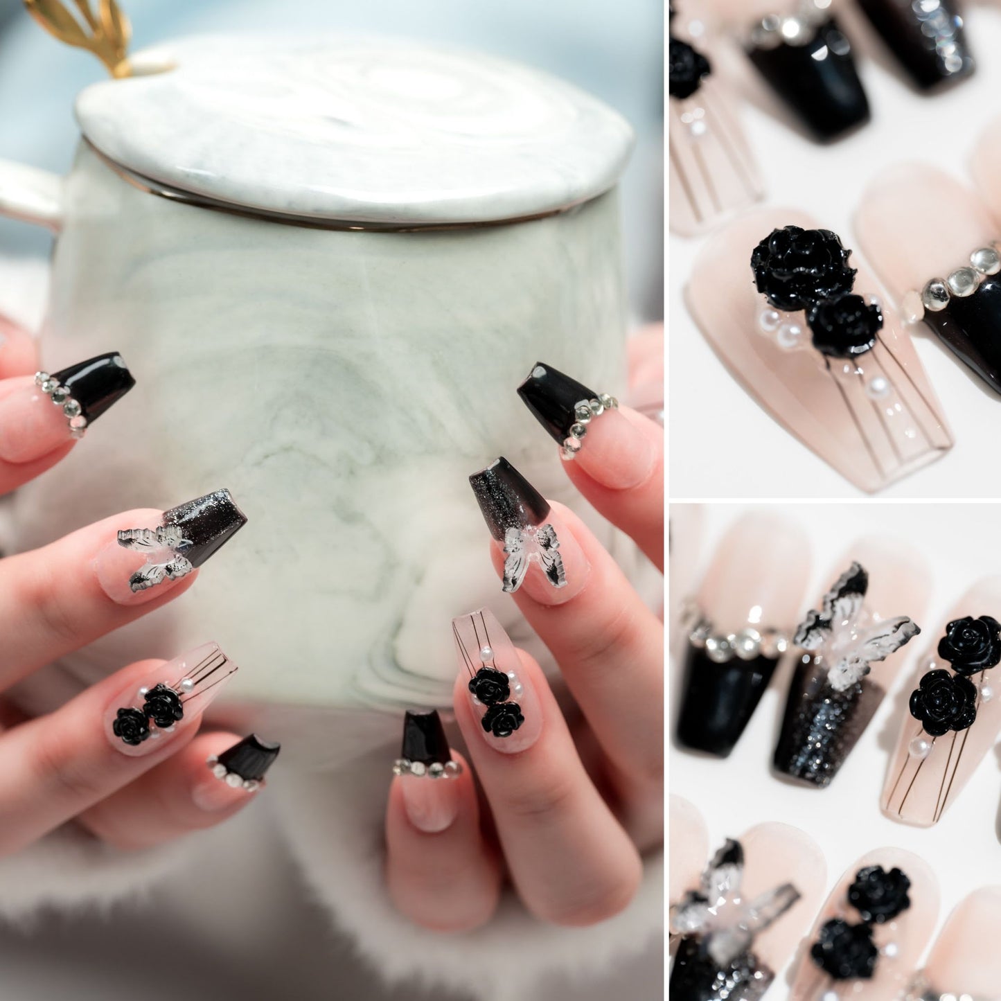 Handmade Press-on Nails Medium Long Coffin Ballerina Black Flower Rhinestone Design 10 Pcs HM069