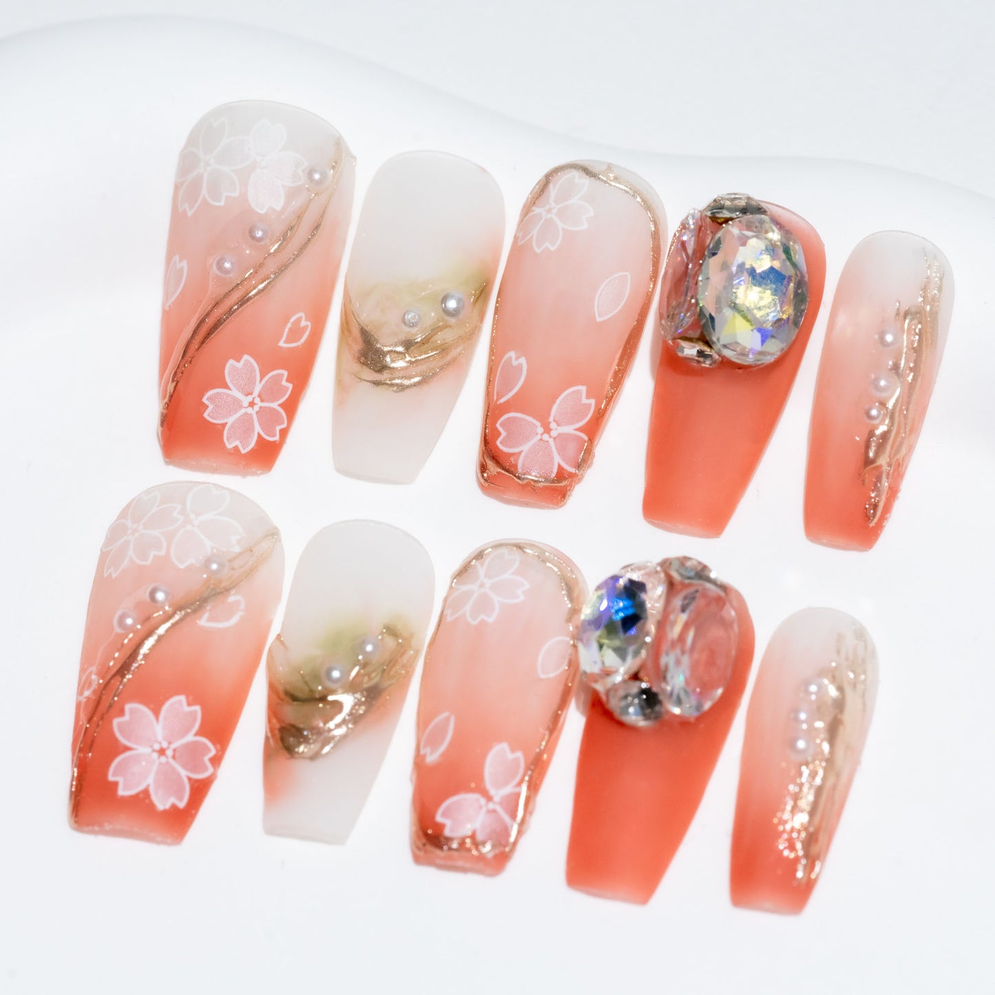 Handmade Press-on Nails Medium Long Coffin Ballerina Pink Gold Flower Sakura Design 10Pcs HM062