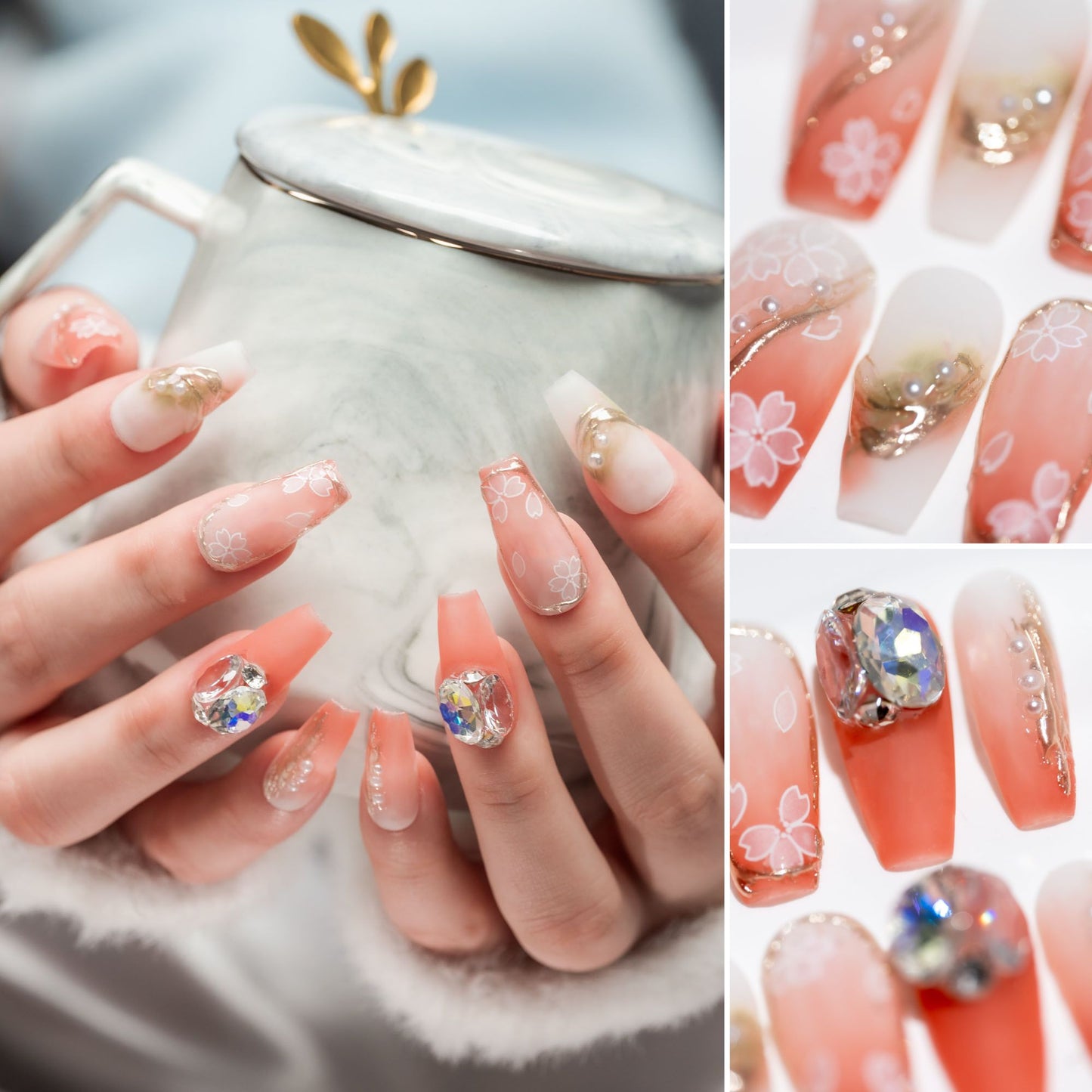 Handmade Press-on Nails Medium Long Coffin Ballerina Pink Gold Flower Sakura Design 10Pcs HM062