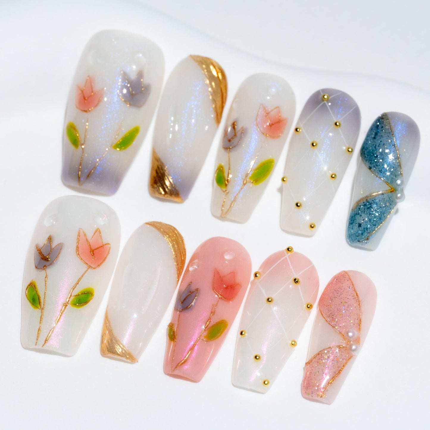 Handmade Press-on Nails Medium Long Coffin Ballerina Pink Blue Flower Design 10Pcs HM056