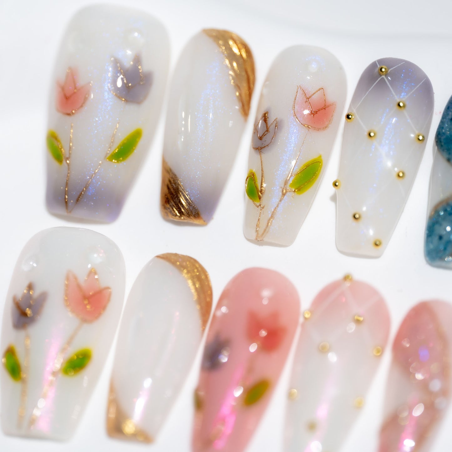 Handmade Press-on Nails Medium Long Coffin Ballerina Pink Blue Flower Design 10Pcs HM056