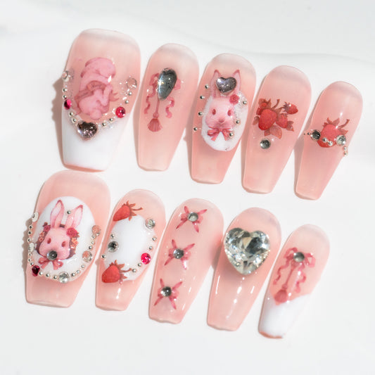 Handmade Press-on Nails Medium Long Coffin Ballerina Pink White Easter Rabbit Design 10 Pcs HM072