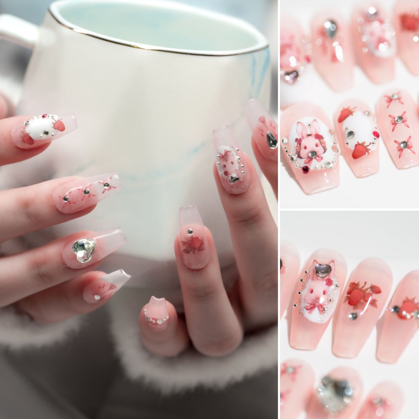 Handmade Press-on Nails Medium Long Coffin Ballerina Pink White Easter Rabbit Design 10 Pcs HM072