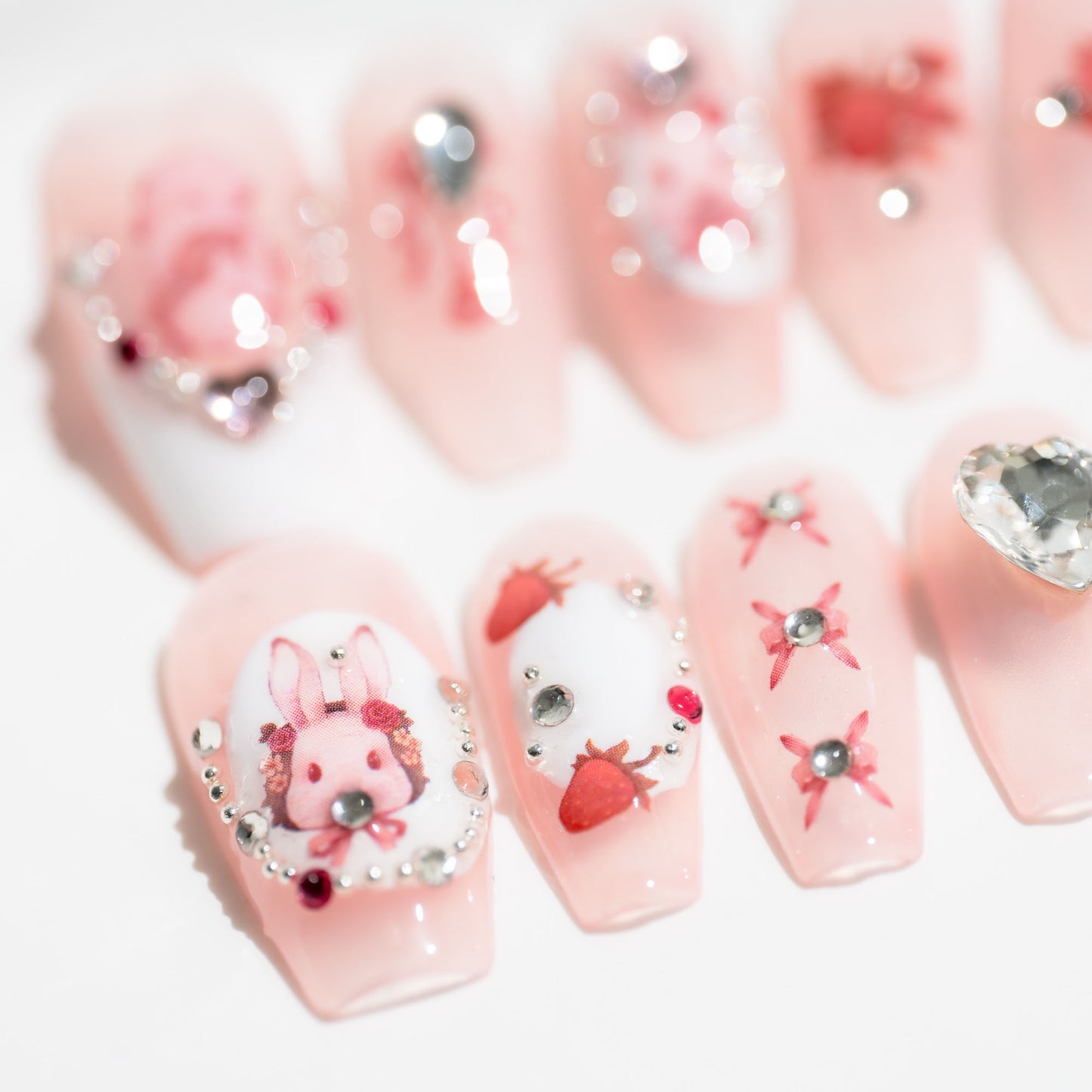 Handmade Press-on Nails Medium Long Coffin Ballerina Pink White Easter Rabbit Design 10 Pcs HM072