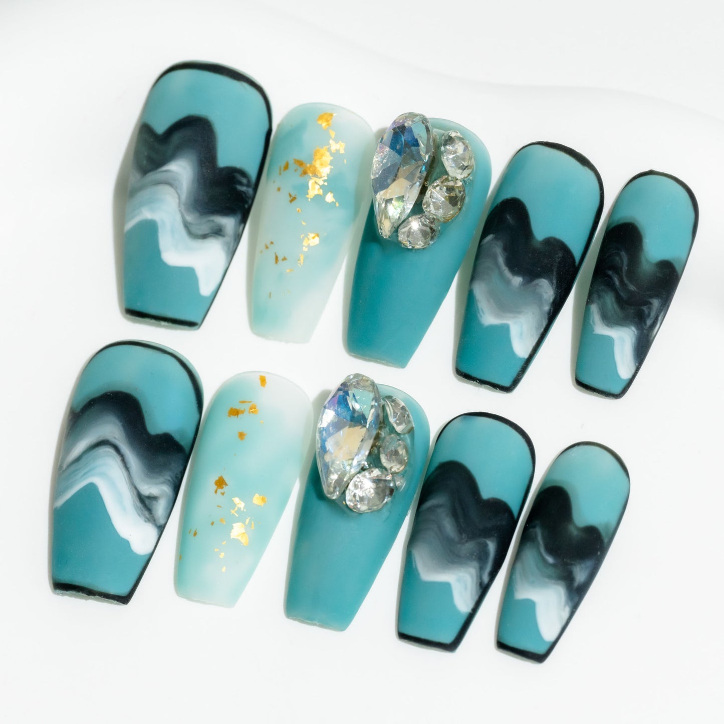 Handmade Press-on Nails Medium Long Coffin Ballerina Blue Black White Gradation Design 10 Pcs HM071