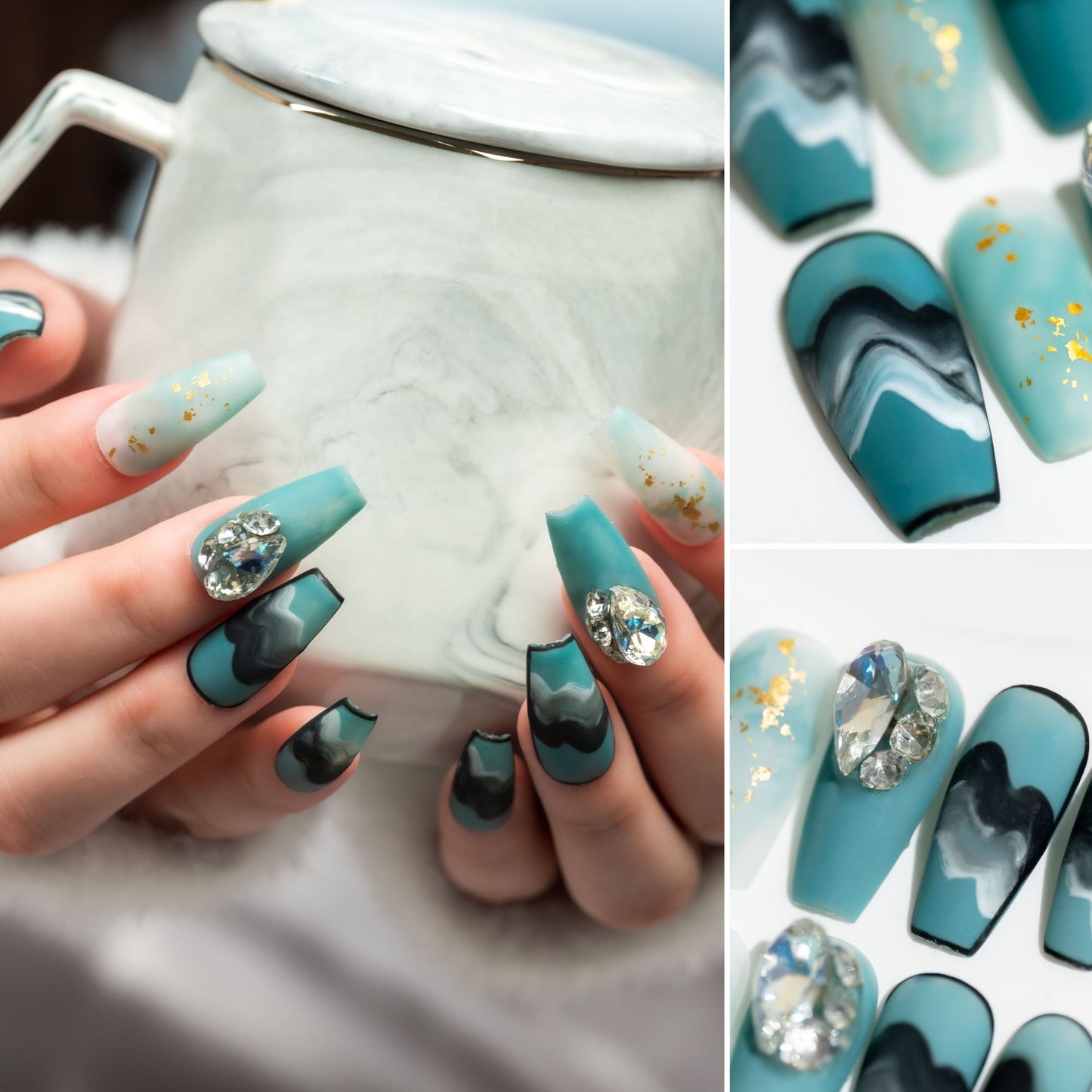 Handmade Press-on Nails Medium Long Coffin Ballerina Blue Black White Gradation Design 10 Pcs HM071