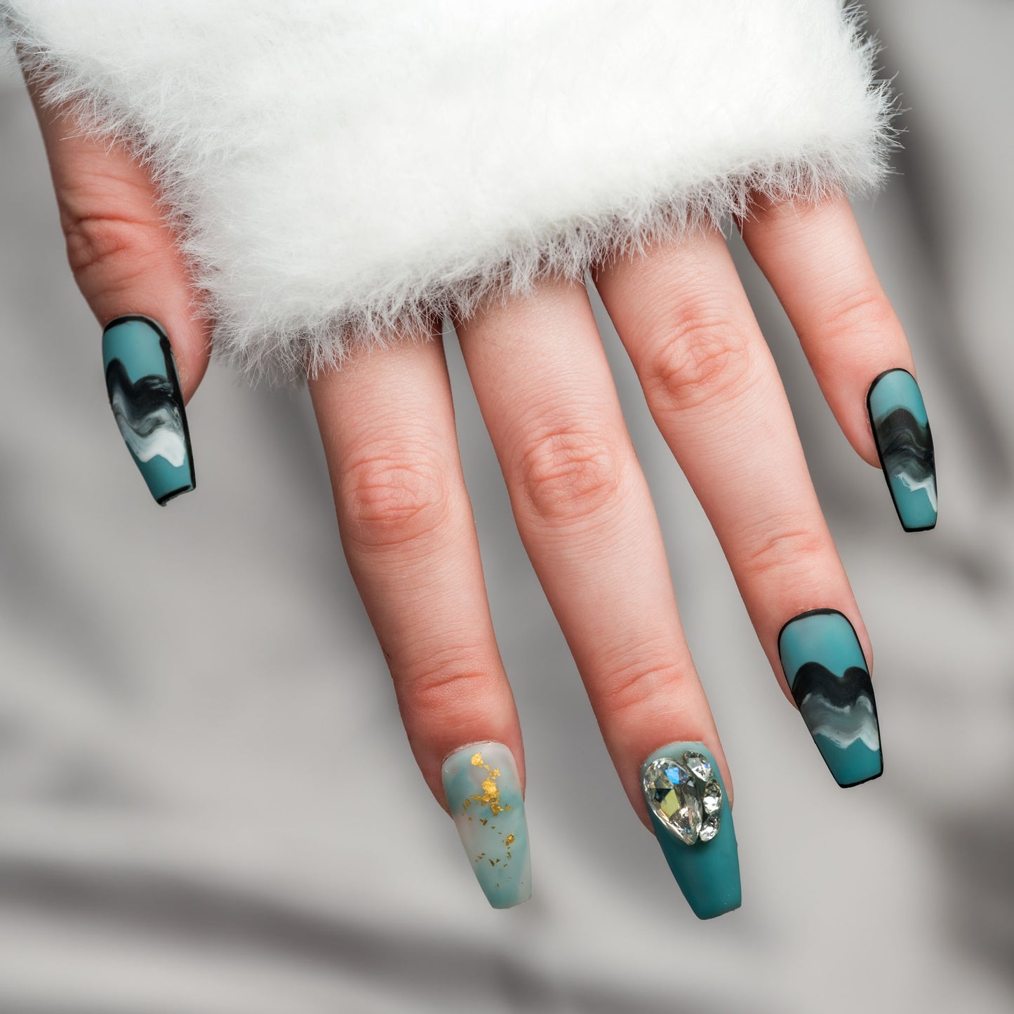 Handmade Press-on Nails Medium Long Coffin Ballerina Blue Black White Gradation Design 10 Pcs HM071