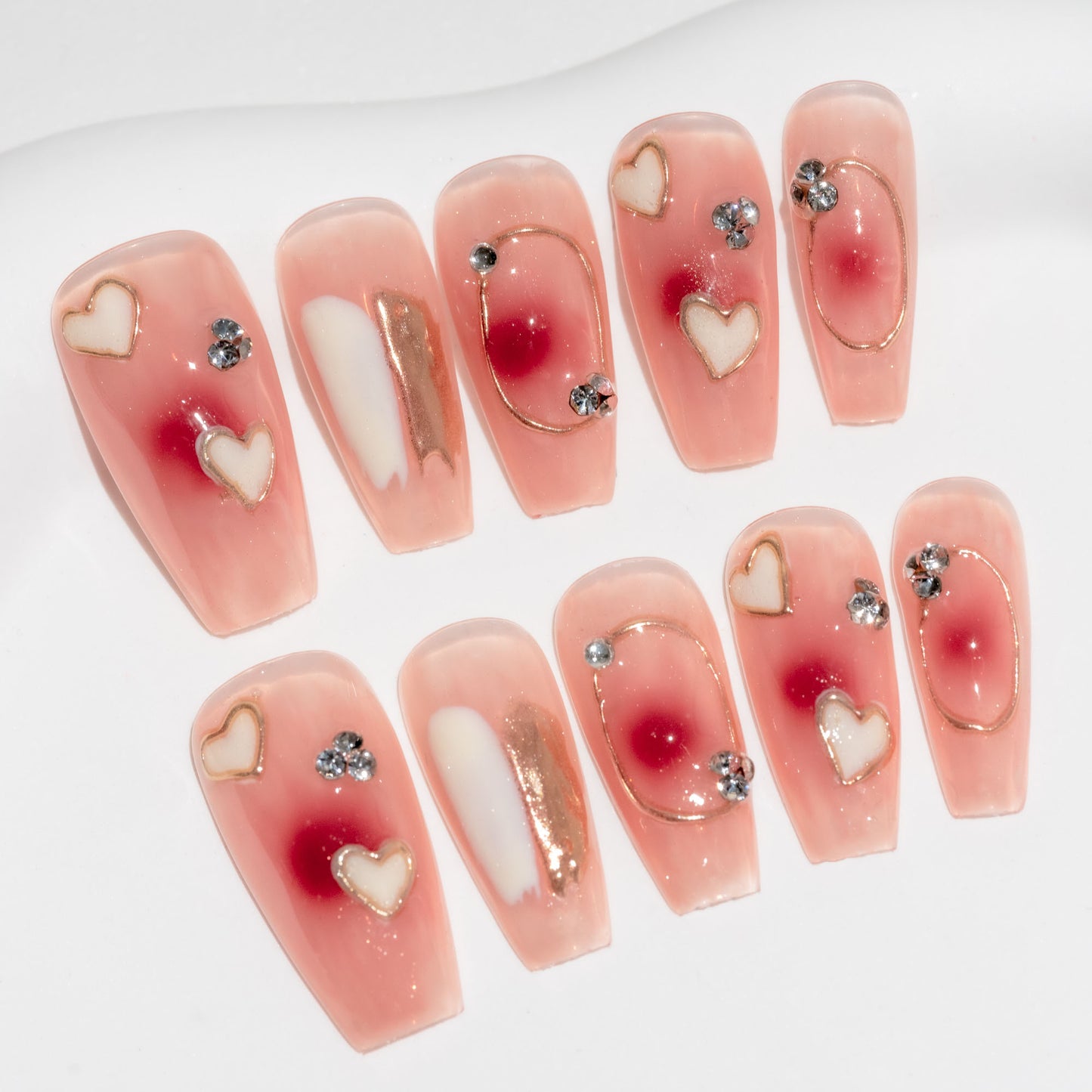 Handmade Press-on Nails Medium Long Coffin Ballerina Pink Gold Heart Gradation Design 10Pcs HM057