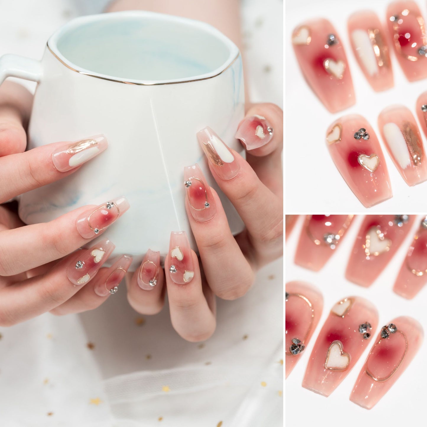 Handmade Press-on Nails Medium Long Coffin Ballerina Pink Gold Heart Gradation Design 10Pcs HM057