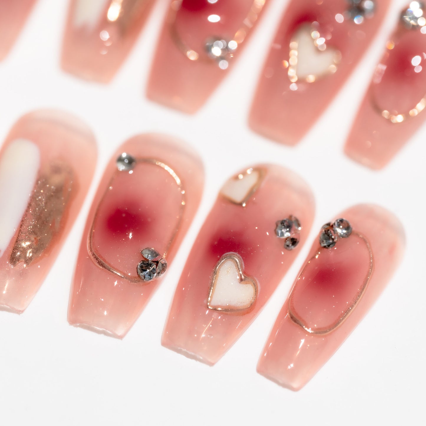 Handmade Press-on Nails Medium Long Coffin Ballerina Pink Gold Heart Gradation Design 10Pcs HM057