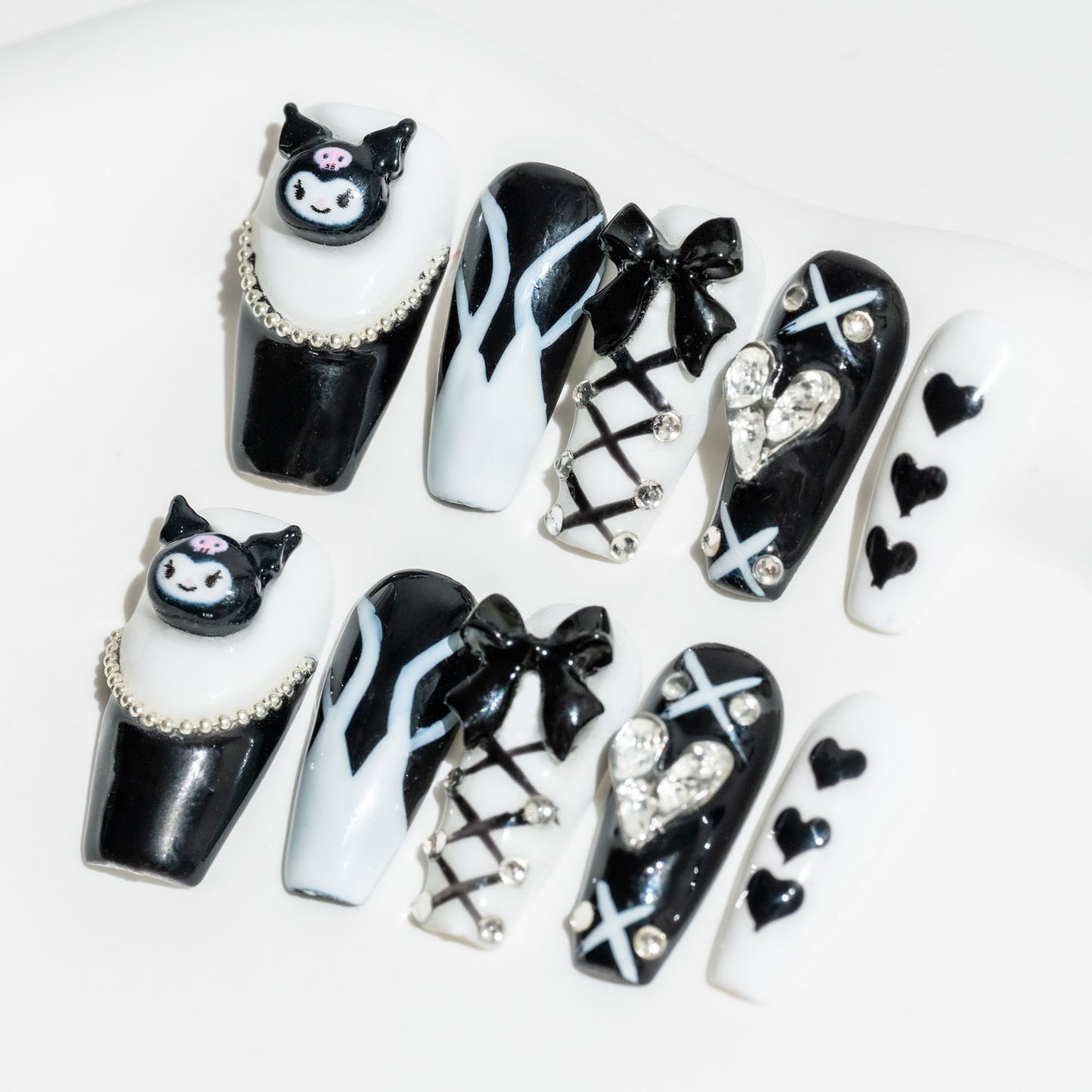 Handmade Press-on Nails Medium Long Coffin Ballerina Black White Kuromi Design 10 Pcs HM065