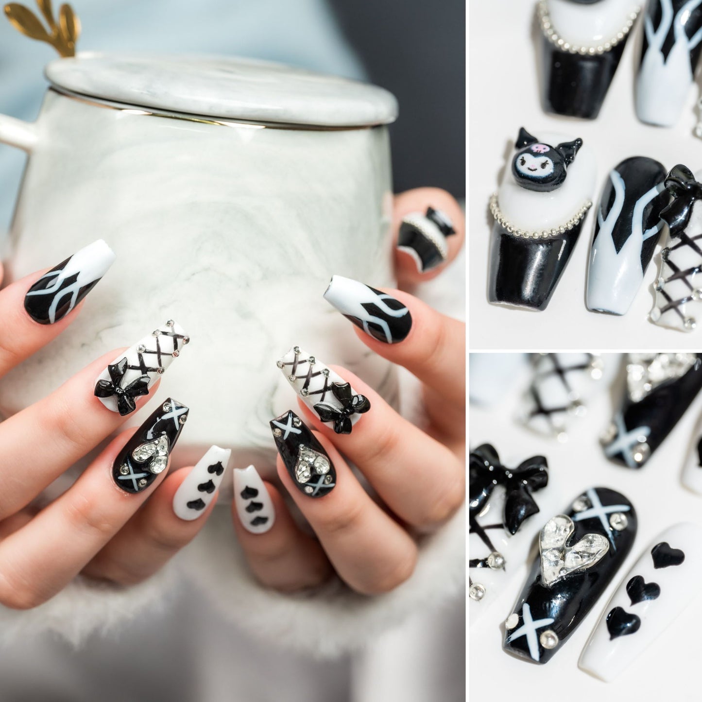 Handmade Press-on Nails Medium Long Coffin Ballerina Black White Kuromi Design 10 Pcs HM065