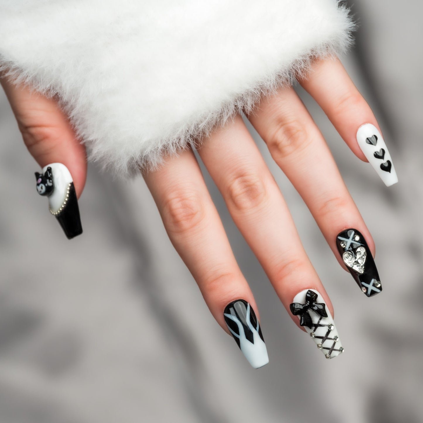 Handmade Press-on Nails Medium Long Coffin Ballerina Black White Kuromi Design 10 Pcs HM065