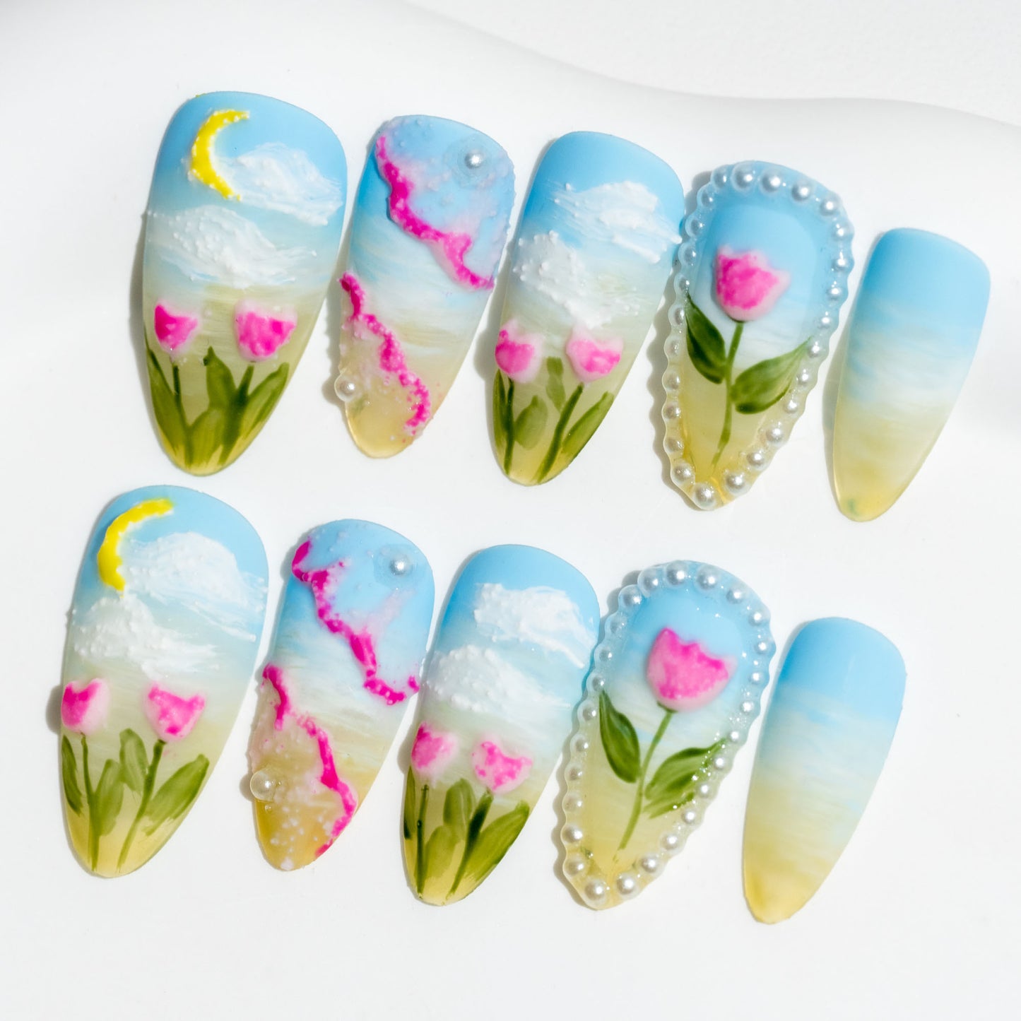 Handmade Press-on Nails Medium Long Almond Blue Green Red Flower Sculpture Design 10 Pcs HM066