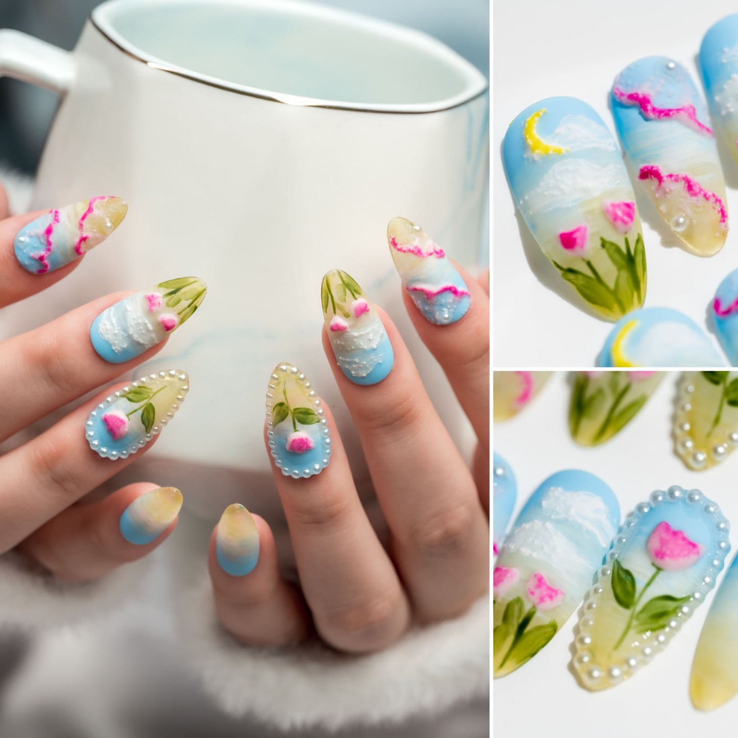 Handmade Press-on Nails Medium Long Almond Blue Green Red Flower Sculpture Design 10 Pcs HM066