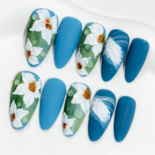 Handmade Press-on Nails Medium Long Almond Blue White Green Flower Sculpture Design 10Pcs HM060