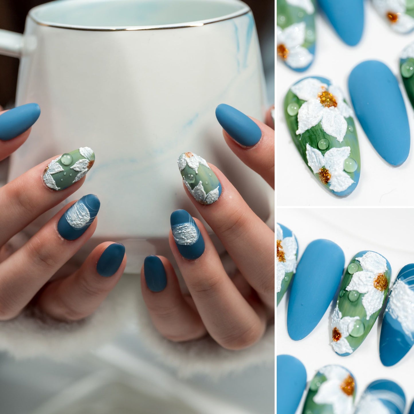 Handmade Press-on Nails Medium Long Almond Blue White Green Flower Sculpture Design 10Pcs HM060