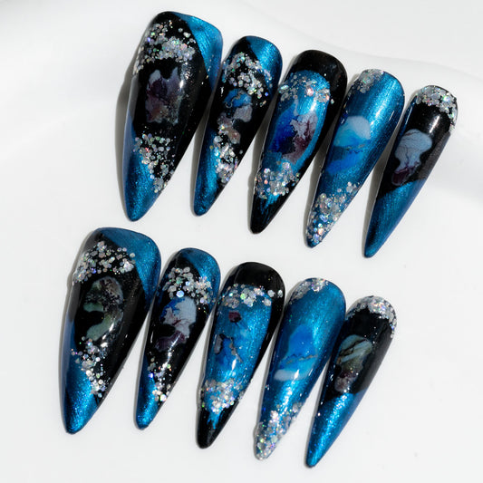 Handmade Press-on Nails Long Almond Stiletto Blue Black Glitter Patterns Design 10 Pcs HM070