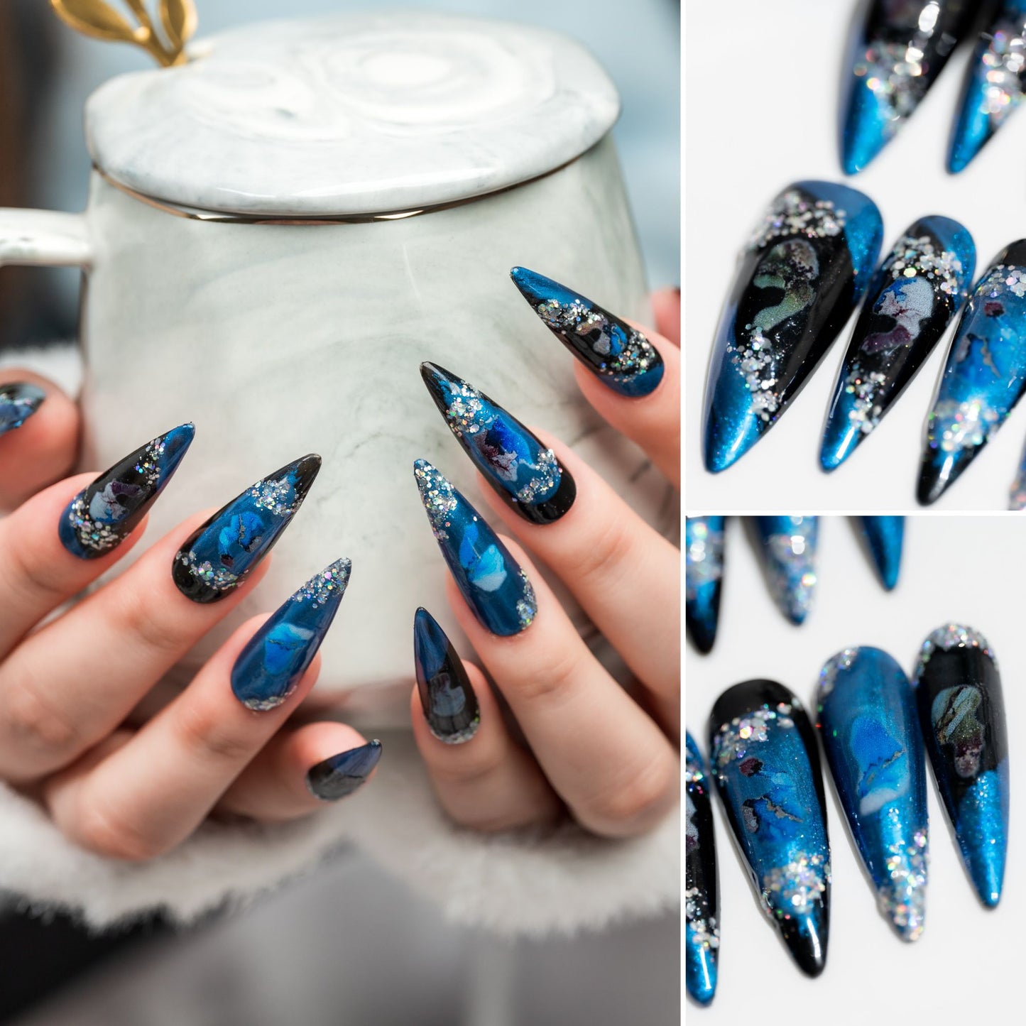 Handmade Press-on Nails Long Almond Stiletto Blue Black Glitter Patterns Design 10 Pcs HM070