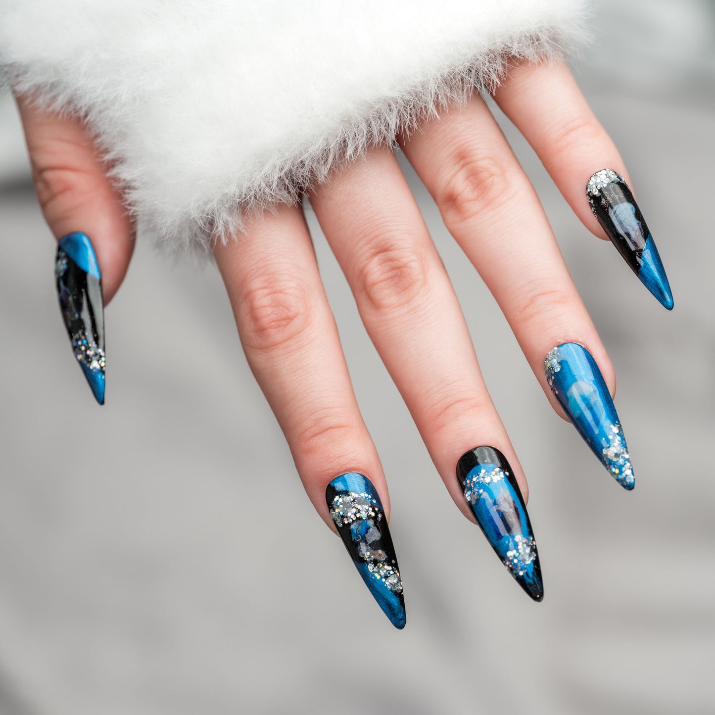 Handmade Press-on Nails Long Almond Stiletto Blue Black Glitter Patterns Design 10 Pcs HM070