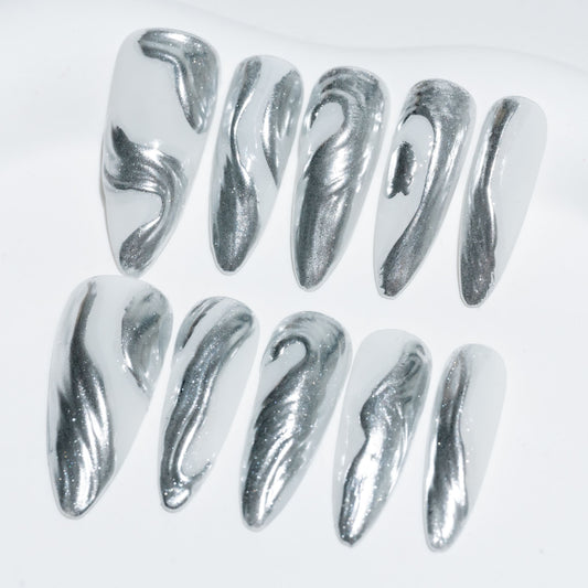 Handmade Press-on Nails Long Almond Stiletto Sliver White Metallic Texture Design 10 Pcs HM063