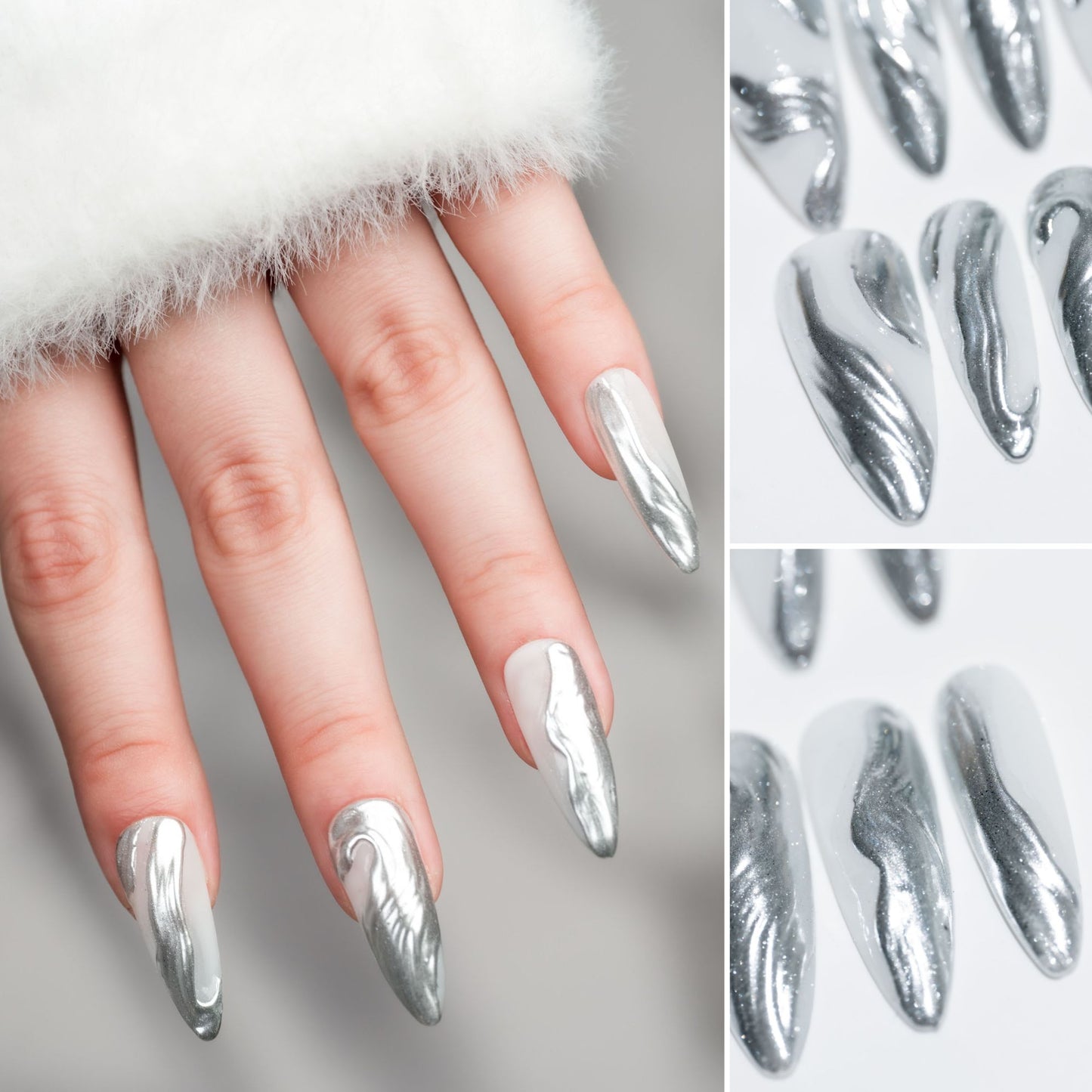 Handmade Press-on Nails Long Almond Stiletto Sliver White Metallic Texture Design 10 Pcs HM063