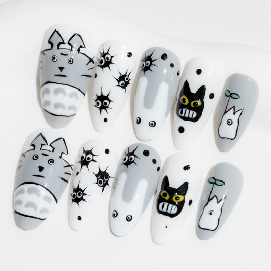 Handmade Press-on Nails Medium Long Almond Black White Grey Totoro Design 10 Pcs HM067