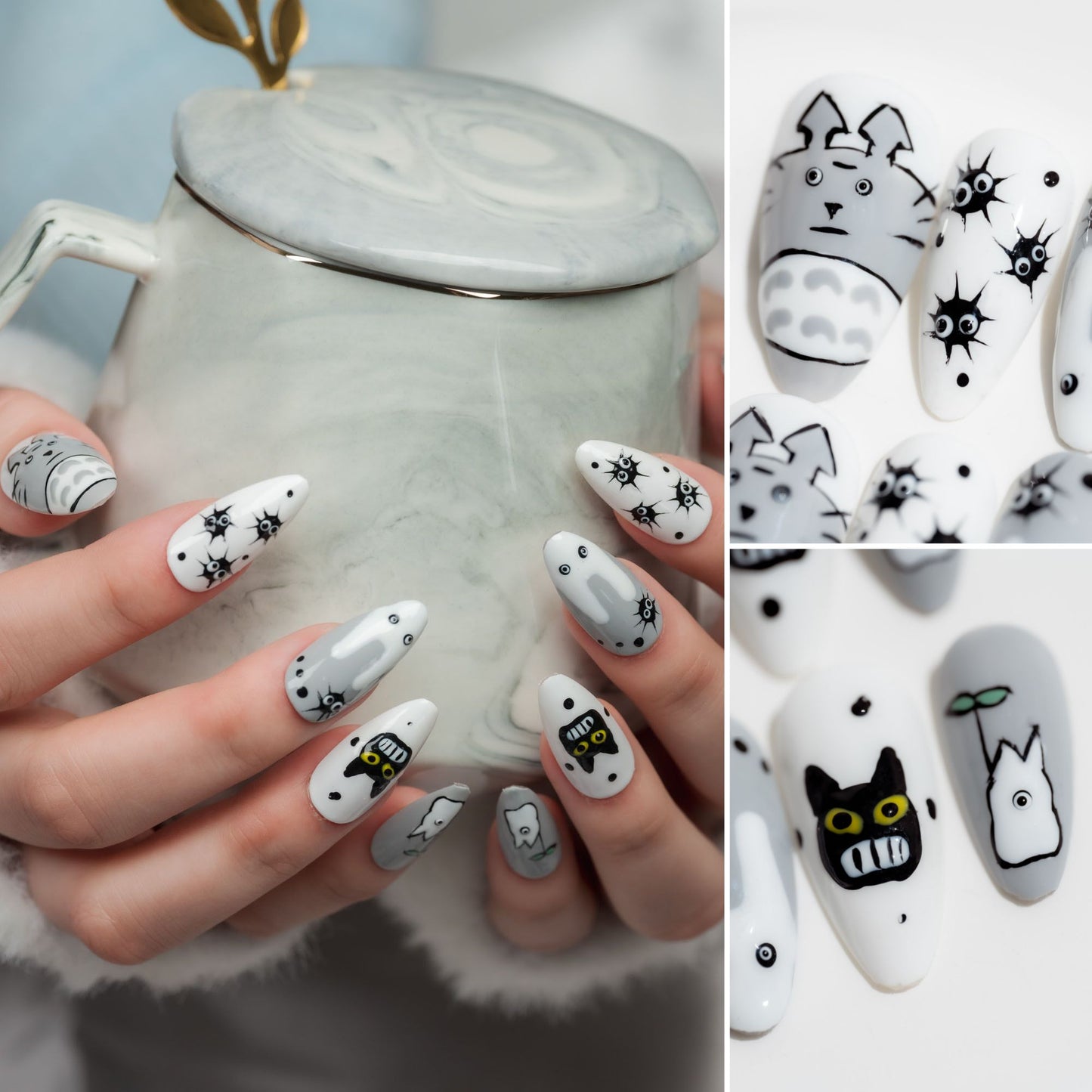 Handmade Press-on Nails Medium Long Almond Black White Grey Totoro Design 10 Pcs HM067