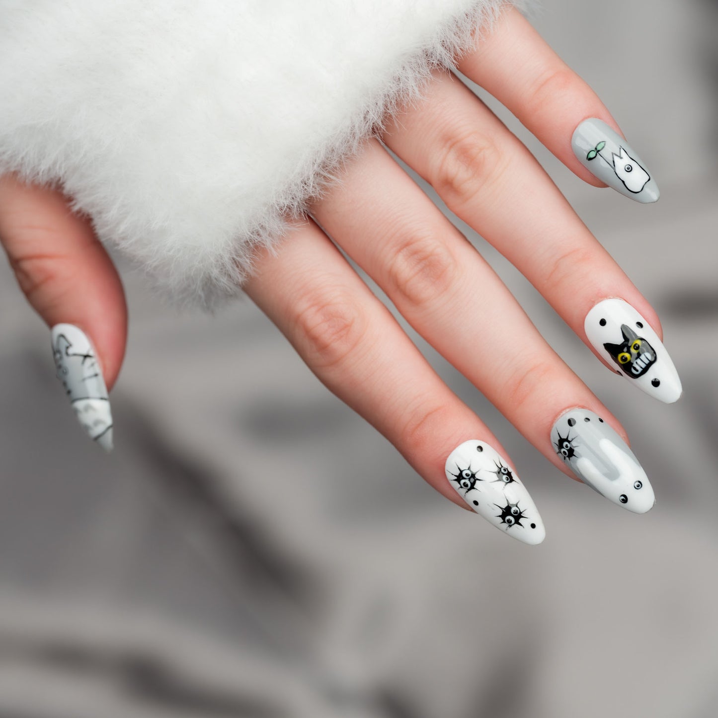 Handmade Press-on Nails Medium Long Almond Black White Grey Totoro Design 10 Pcs HM067