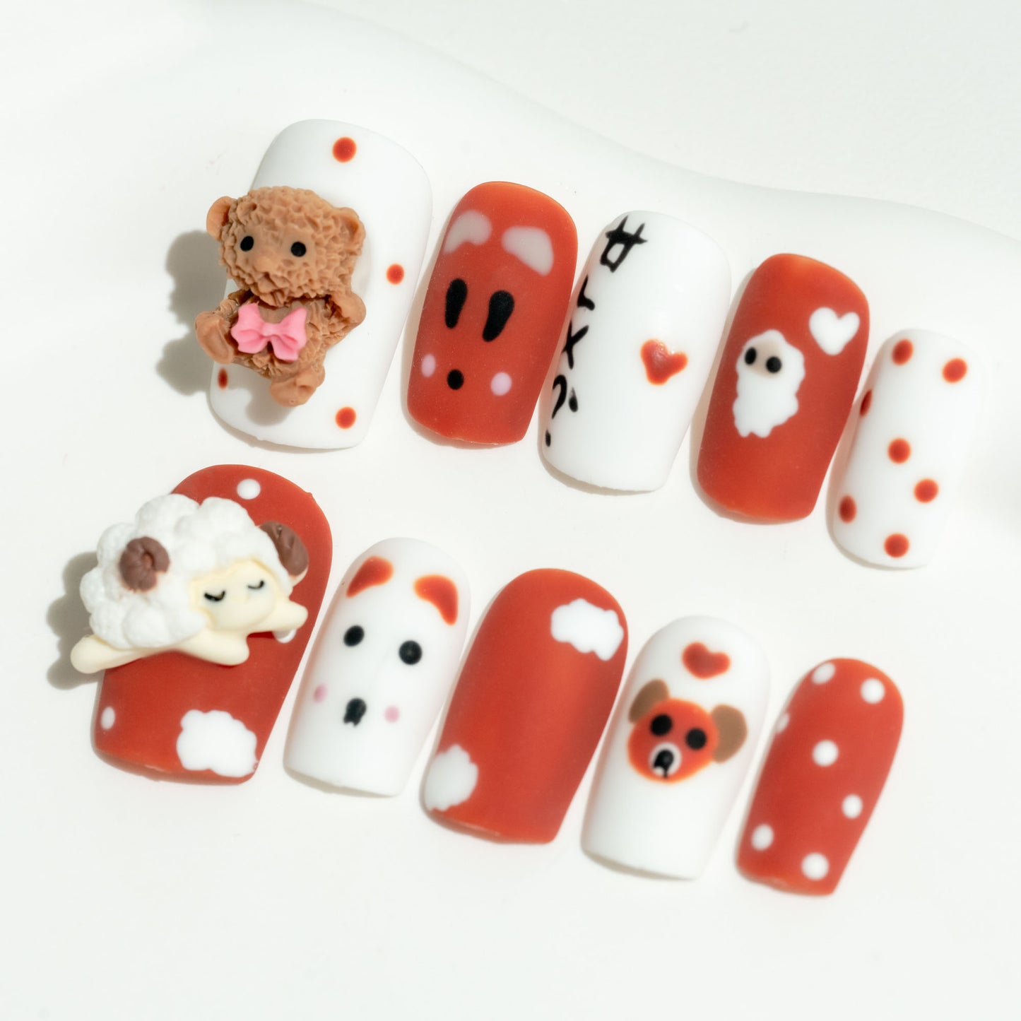 Handmade Press-on Nails Medium Long Square Brown White Bear Design 10 Pcs HM064