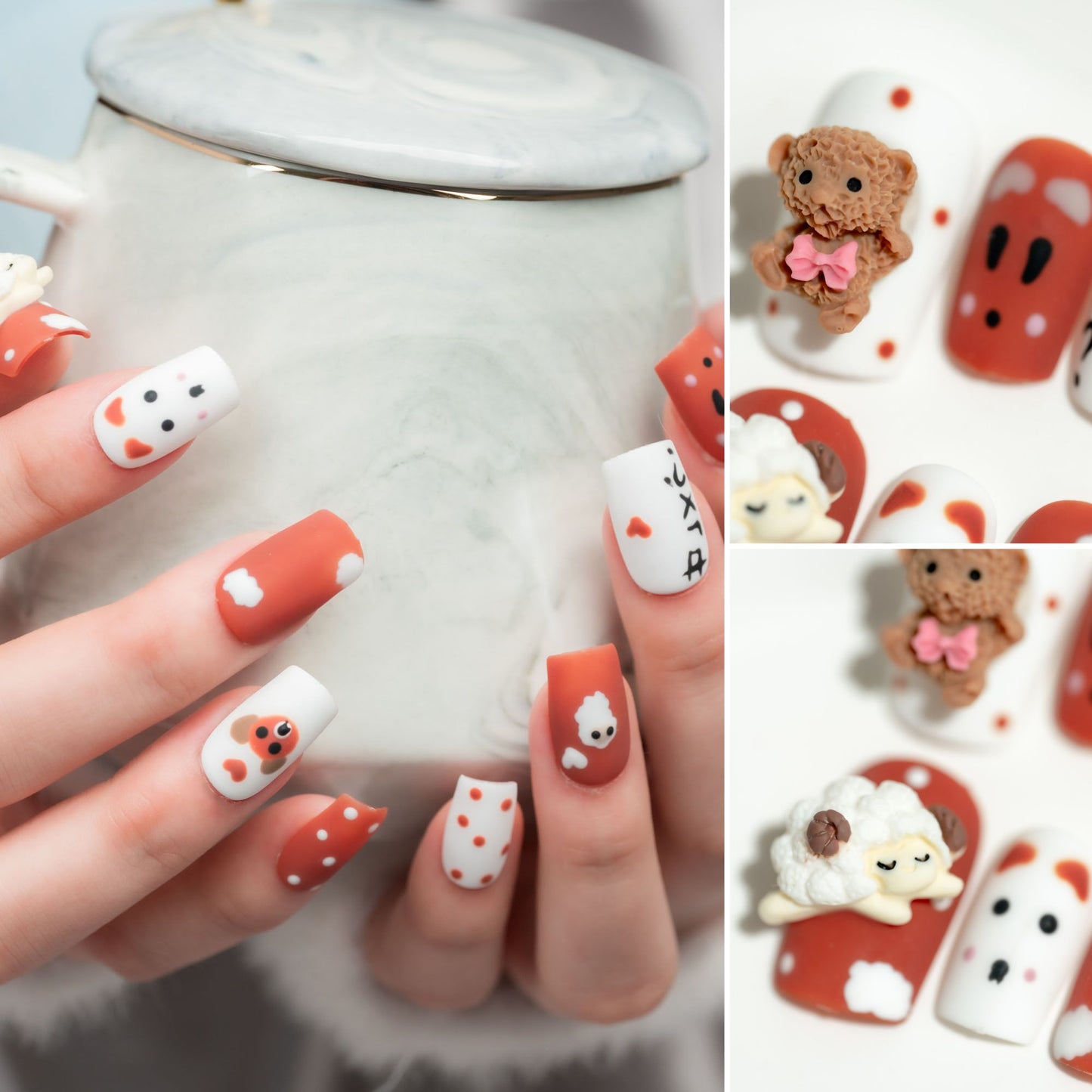 Handmade Press-on Nails Medium Long Square Brown White Bear Design 10 Pcs HM064