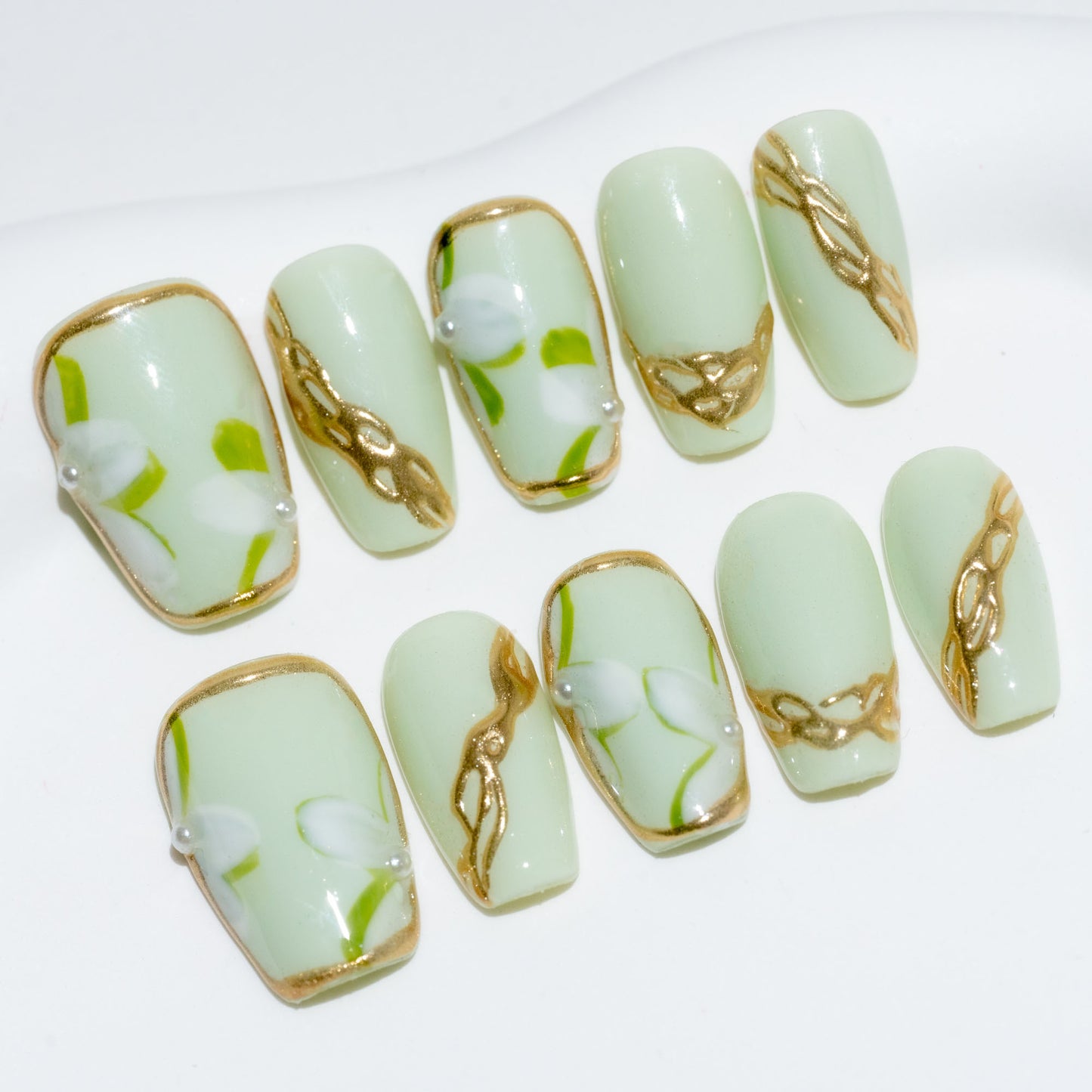 Handmade Press-on Nails Short Coffin Ballerina Green Gold Flower Design 10Pcs HM054