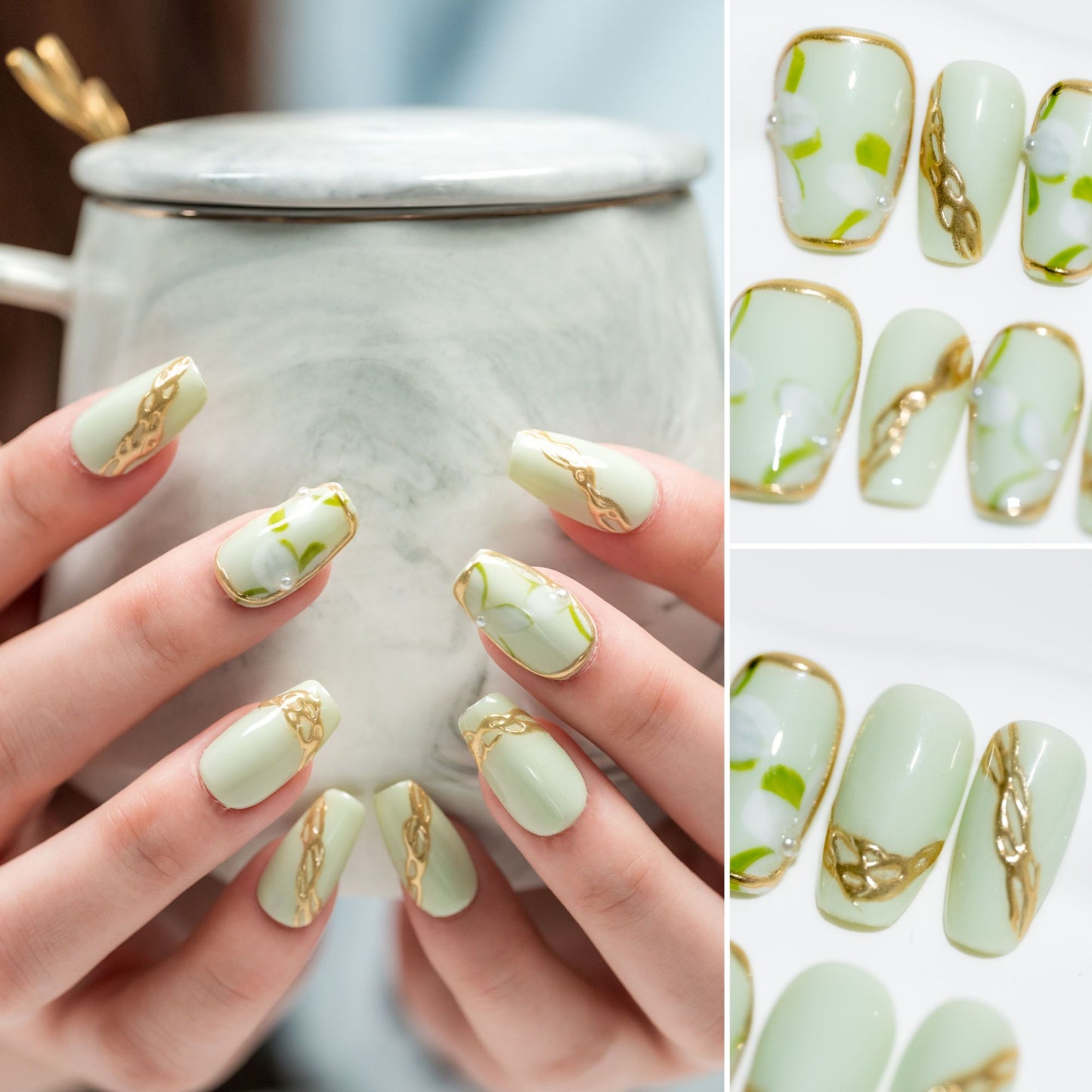 Handmade Press-on Nails Short Coffin Ballerina Green Gold Flower Design 10Pcs HM054