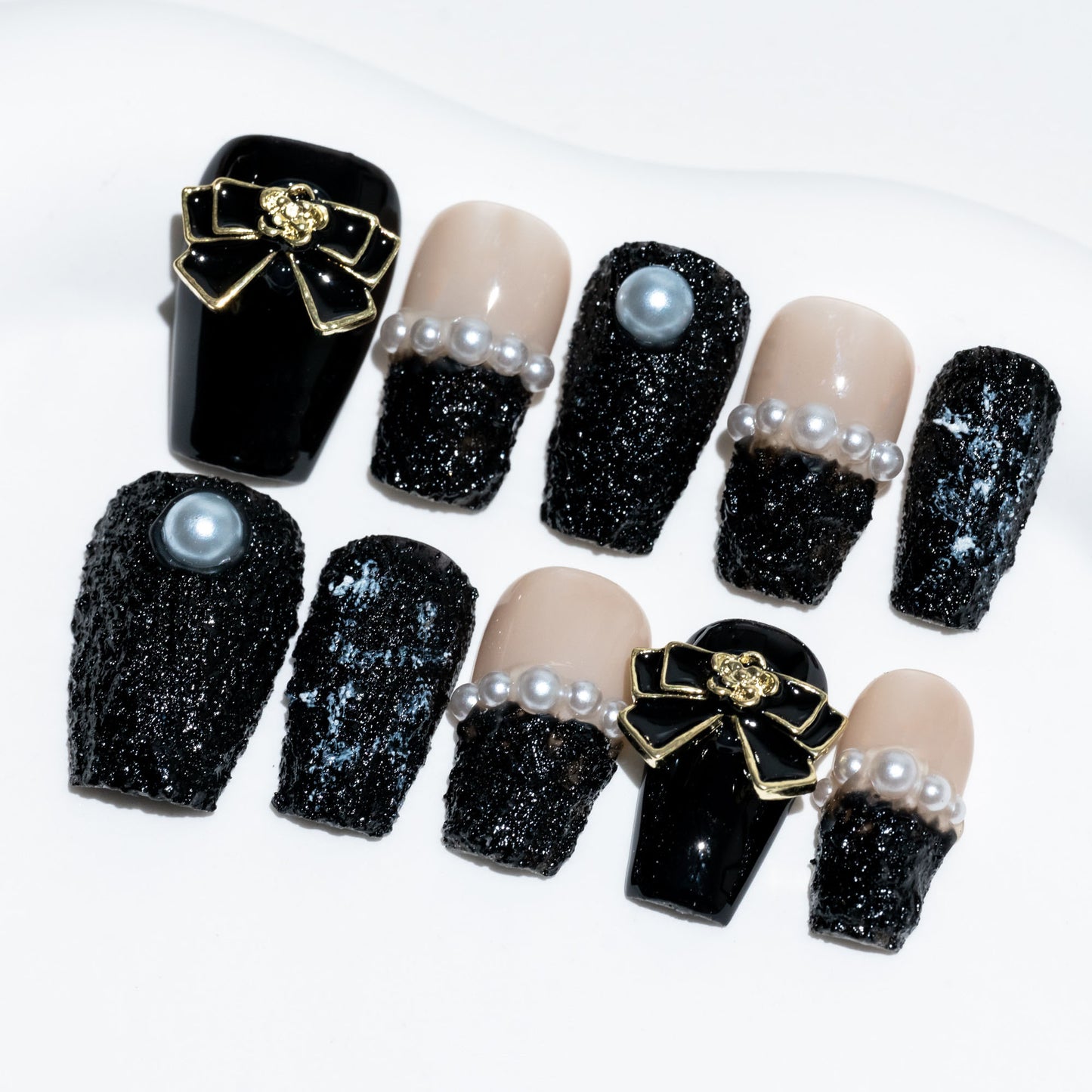 Handmade Press-on Nails Short Coffin Ballerina Black Gold Pearl Texture Design 10Pcs HM061