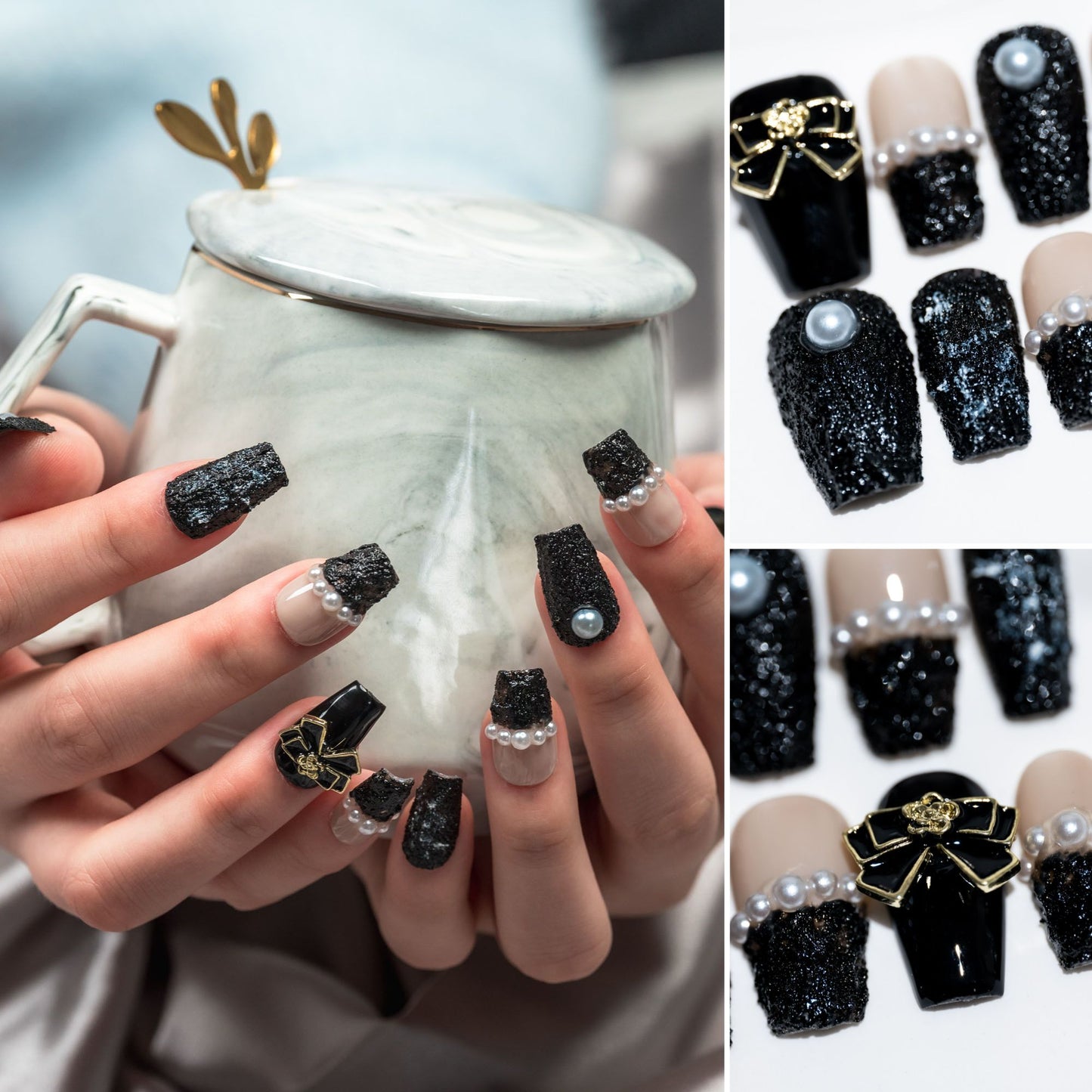 Handmade Press-on Nails Short Coffin Ballerina Black Gold Pearl Texture Design 10Pcs HM061