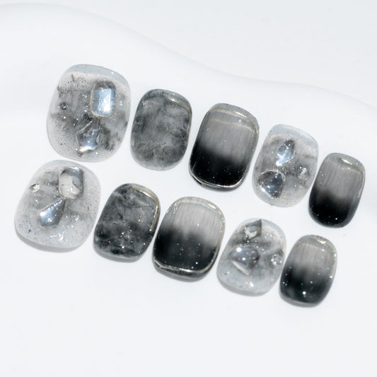 Handmade Press-on Nails Short Squoval Round Black Sliver Gradation Rhinestone Design 10Pcs HM058