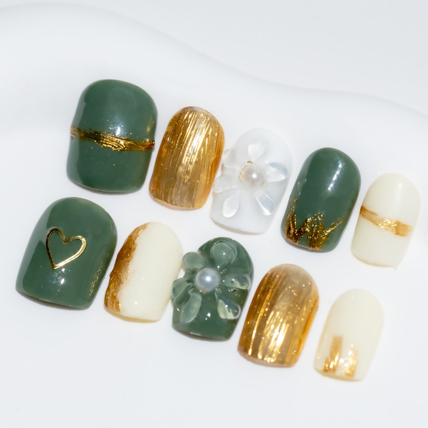 Handmade Press-on Nails Short Square Green Gold White Pearl Design 10Pcs HM059