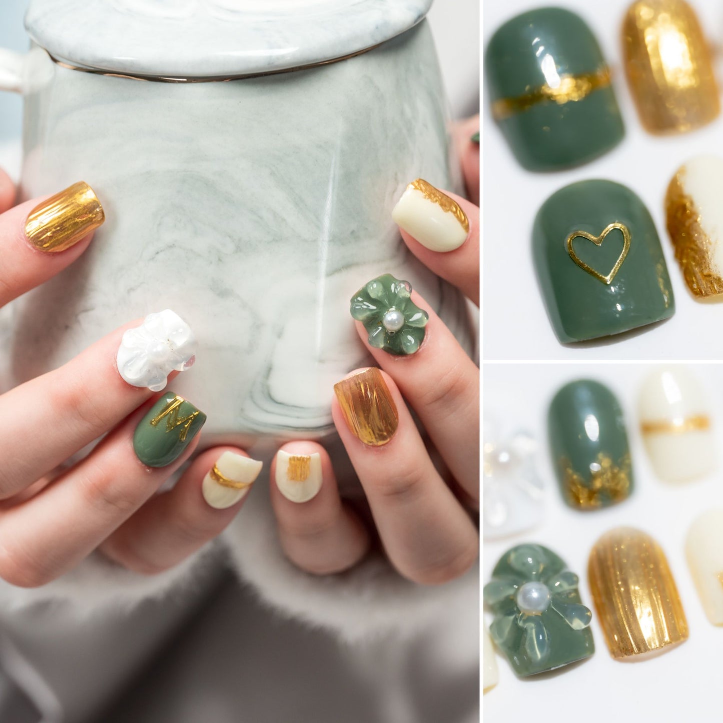 Handmade Press-on Nails Short Square Green Gold White Pearl Design 10Pcs HM059