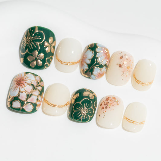 Handmade Press-on Nails Short Squoval Round Green White Gold Flower Design 10 Pcs HM076