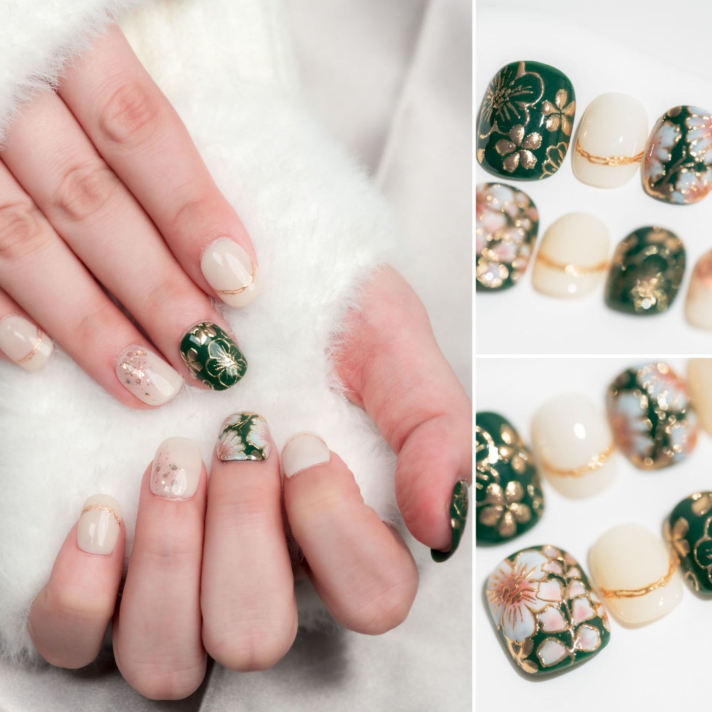 Handmade Press-on Nails Short Squoval Round Green White Gold Flower Design 10 Pcs HM076