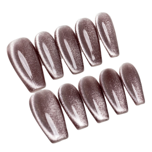 Handmade Press-on Nails Medium Long Coffin Ballerina Brown Solid Color Cat Eye Design 10 Pcs HM087