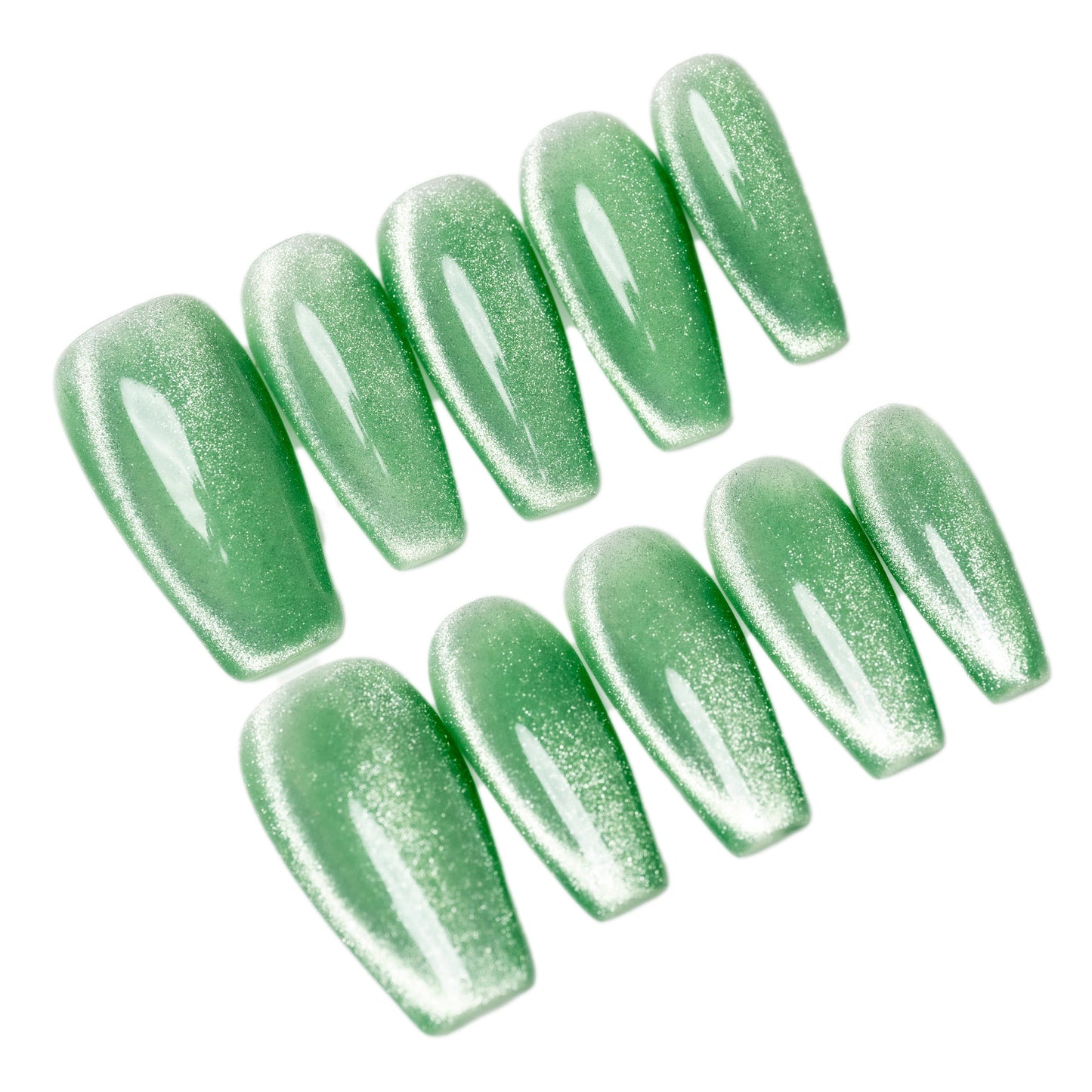 Handmade Press-on Nails Medium Long Coffin Ballerina Green Solid Color Cat Eye Design 10 Pcs HM088