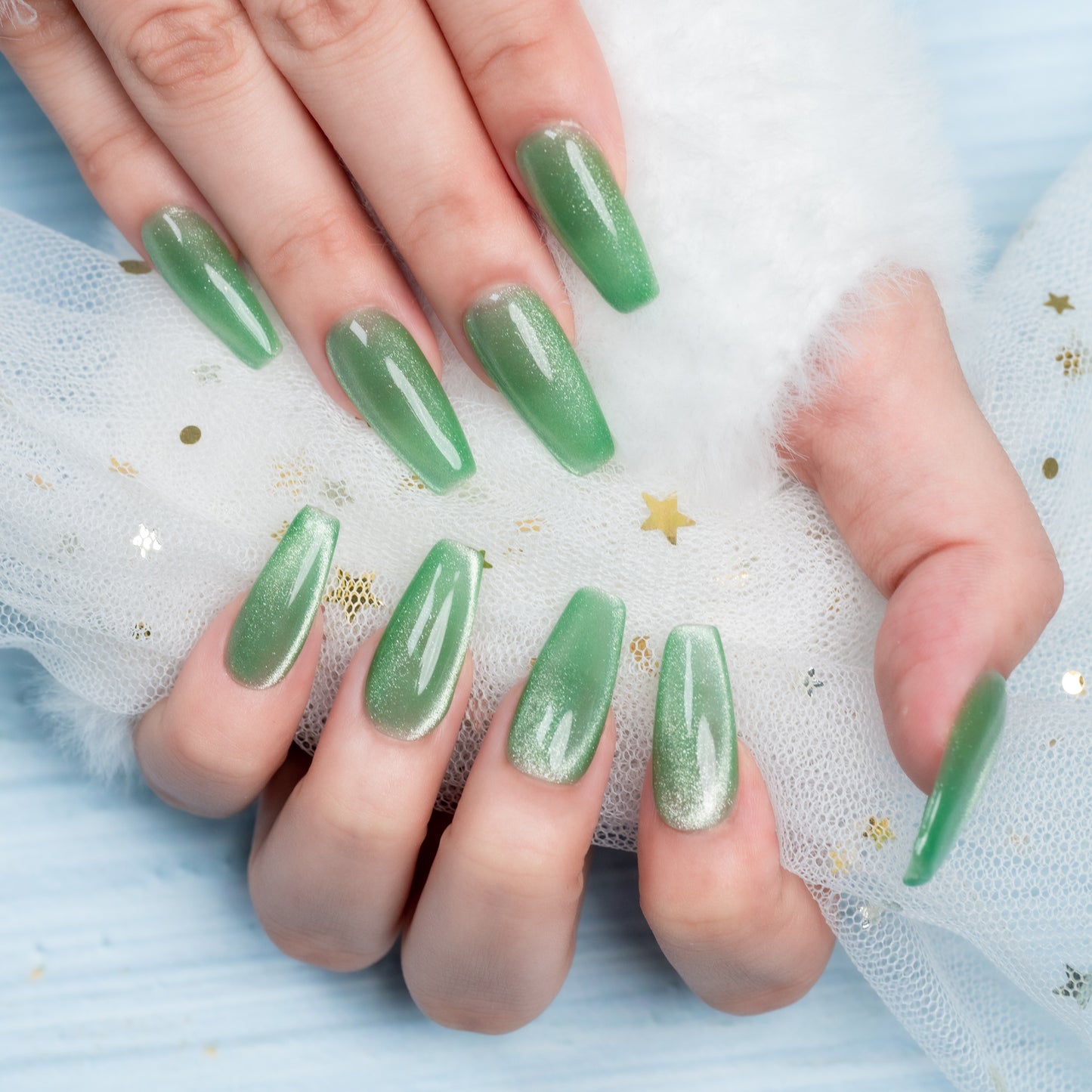 Handmade Press-on Nails Medium Long Coffin Ballerina Green Solid Color Cat Eye Design 10 Pcs HM088