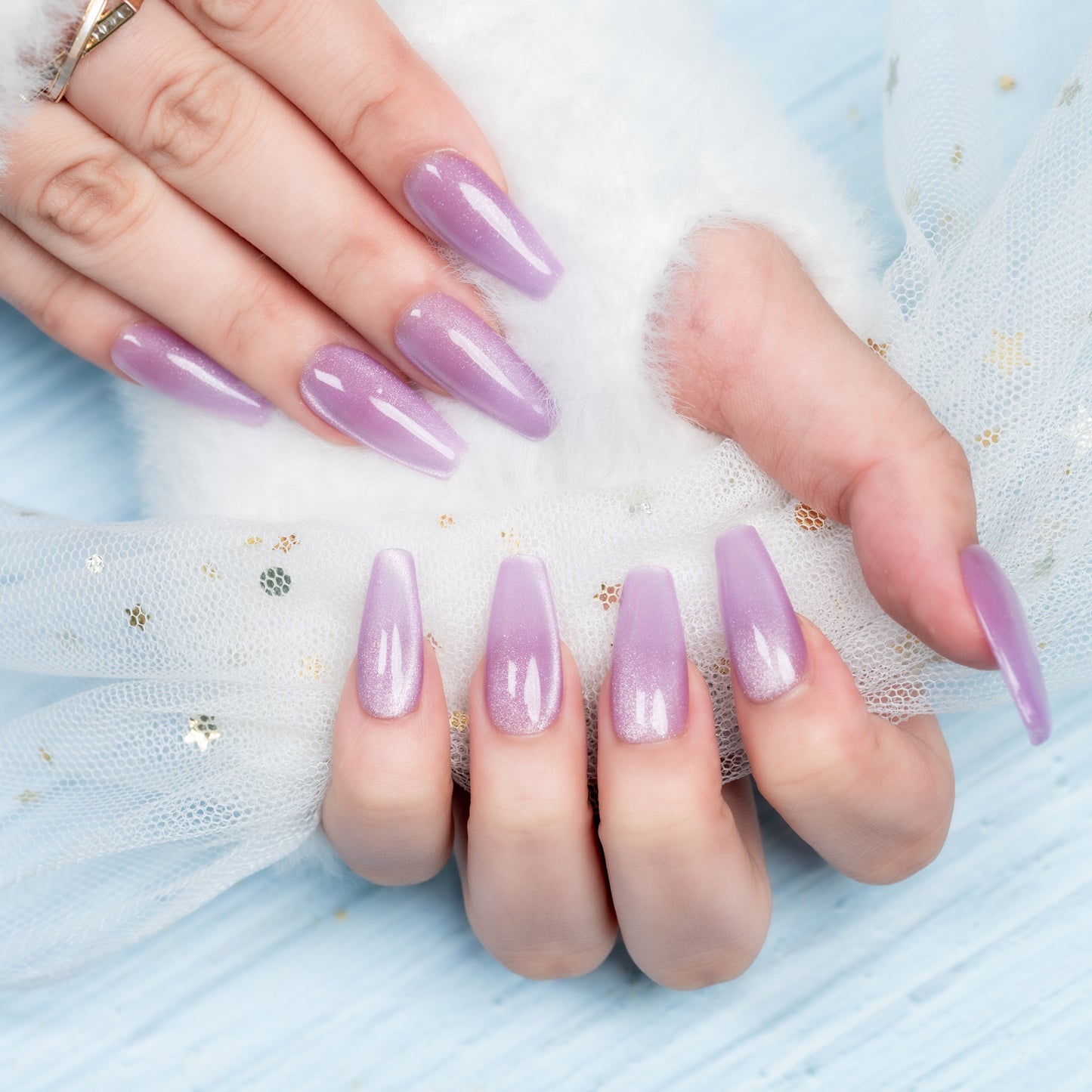 Handmade Press-on Nails Medium Long Coffin Ballerina Purple Solid Color Cat Eye Design 10 Pcs HM085