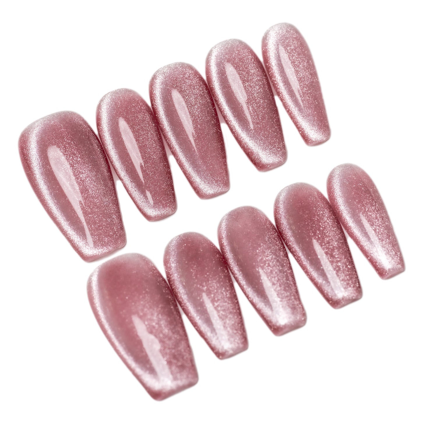 Handmade Press-on Nails Medium Long Coffin Ballerina Pink Solid Color Cat Eye Design 10 Pcs HM089